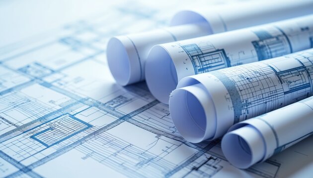 Architectural blueprints on white paper with high contrast blue lines detail construction project plans. Rolled documents show intricate geometric designs, precise measurements for engineering,