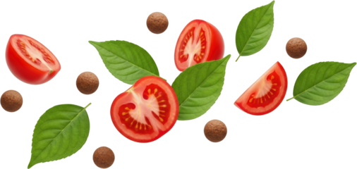 Fresh tomatoes sliced with basil leaves and small brown spheres on black isolate