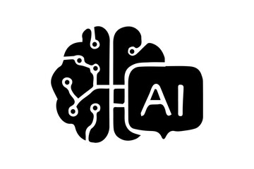 The image is a solid black silhouette icon representing artificial intelligence, combining a brain with a speech bubble
