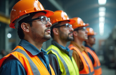 Professional safety workers in orange helmets, high-visibility vests observe industrial operations within large facility. Focused expressions, teamwork highlight concentration, initiative, adherence