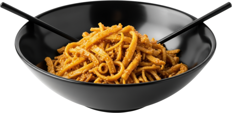A black bowl filled with Asian noodles tossed in a sesame sauce with chopsticks transparent background - Powered by Adobe