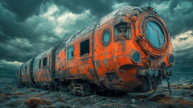 Rusty orange train wreck in a desolate landscape.