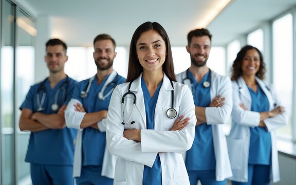 Group of modern doctors standing as a team with arms crossed in hospital office. Physicians ready to examine and help patients. Medical help, insurance in health care, best desease treatment and