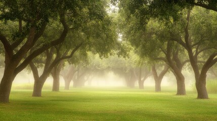 Obraz premium Misty morning light filters through a tranquil, tree-lined avenue.