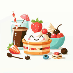 A colorful cheerful dessert spread with various treats and a cute stylized presentation
