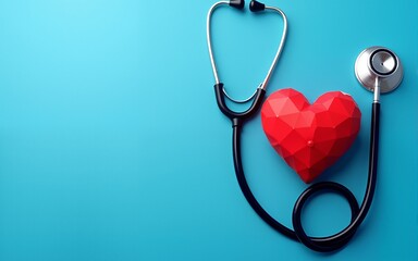 Stethoscope and red polygonal heart on blue background. Vertical banner for medical clinic or center, copy space. High quality