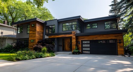 Modern home with wooden siding and dark gray exterior.