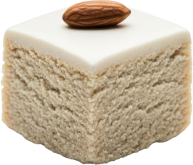 A single square cake piece with white icing and a whole almond on top sweet transparent background