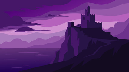 Castle on a Cliff at Dusk Background Scene with Medieval Architecture