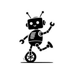 A cheerful robot dancing with one wheel and antennas
