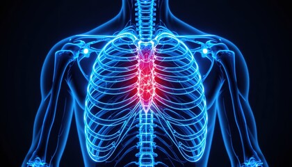 Human torso anatomy highlighting the heart and ribcage.