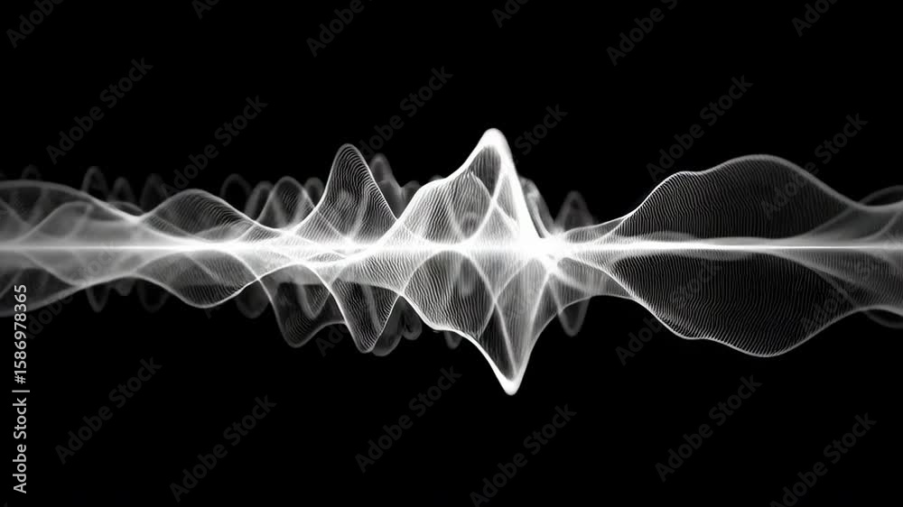 Poster dynamic animation, white audio wave pulsating and visualizing sound on a black background, represent