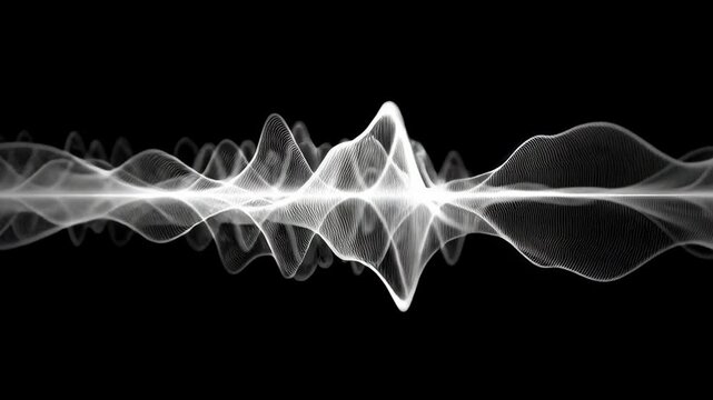 dynamic animation, white audio wave pulsating and visualizing sound on a black background, representing voice record, artificial intelligence