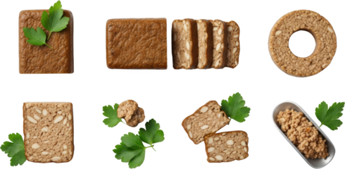Various food items with nuts and parsley including loaf slices and minced texture transparent background