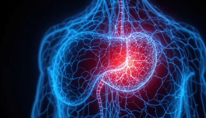 Detailed anatomical illustration of the human stomach and its surrounding systems.