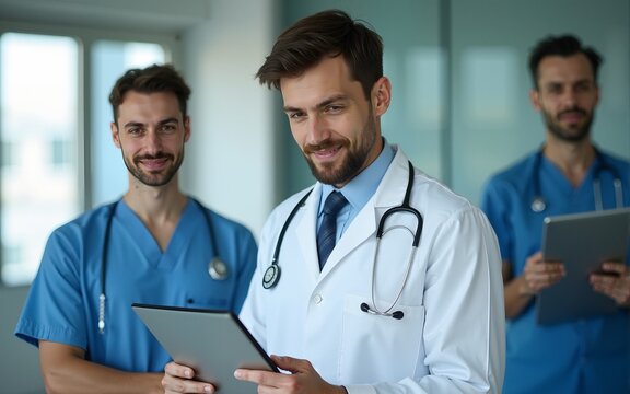 Doctors and accountant or b2b planning hospital finance report, budget or accounting with online ppt. Chart, graph and data analysis teamwork of businessman and medical healthcare worker planning