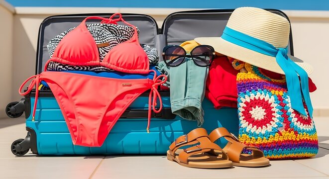 An open suitcase filled with essential items for a sunny beach vacation.