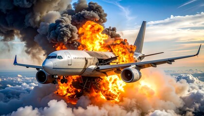 Fiery plane crash in clouds
