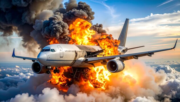 Fiery plane crash in clouds