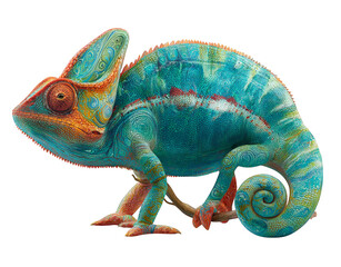 Naklejka premium Colorful chameleon resting on white background showing reptile features and natural camouflage