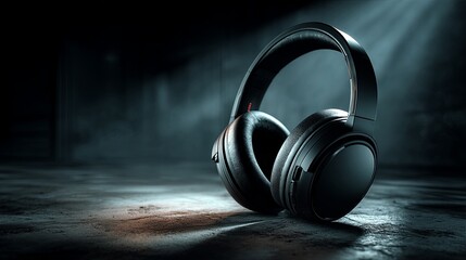 Modern black wireless headphones on a dark moody background, dramatic spotlight, sleek matte finish, premium tech aesthetic, minimal composition