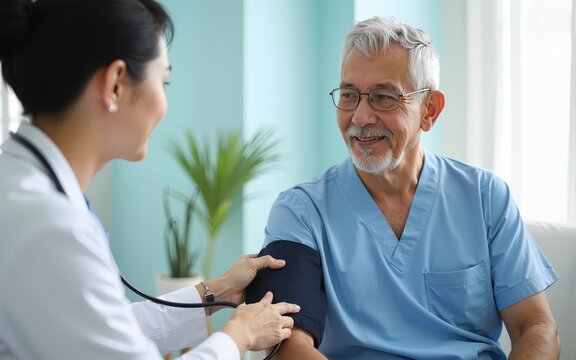 Asian senior patient having medical exam with doctor in hospital. Doctor adjusting blood pressure gauge on senior gray-haired man. High quality