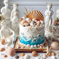 Venus-Themed Cake with Edible Shells and Sea Motif