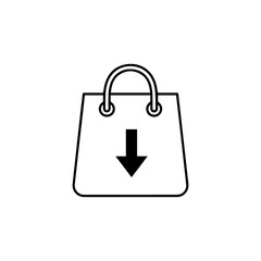 A white background displays a lineart shopping bag icon with a downwardpointing arrow inside