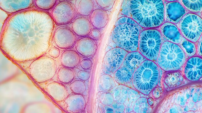 A photo-realistic microscope slide showcasing the cross-section of a plant stem, highlighting intricate cellular structures and textures. - Powered by Adobe