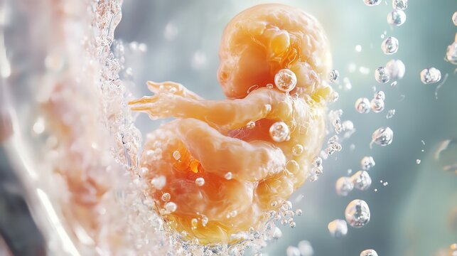 A photo-realistic depiction of embryo development stages inside a transparent womb, illustrating a detailed biological timeline.