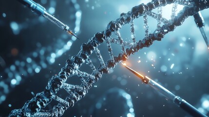 A detailed illustration of the CRISPR gene editing process showcasing a DNA strand and molecular tools, highlighting advancements in genetics.