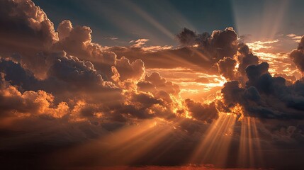 Dramatic sky filled with golden clouds glowing in radiant sunlight, intense warm tones, majestic and ethereal atmosphere, cinematic wide shot