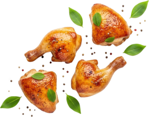 Four roasted chicken legs seasoned with peppercorns and garnished with basil leaves ready to isolate transparent background