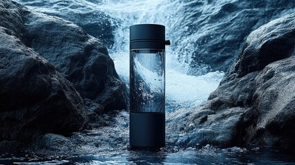 Hydro Bottle Placed Delicately Between Natural Rock Formations Near Rushing River