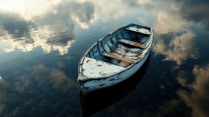 Tranquil scene of an old rowboat reflecting the sky.