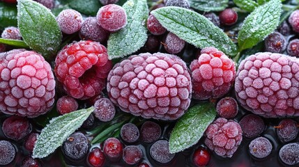 Macro photography of vibrant frozen raspberries, cranberries and green leaves, perfect for food
