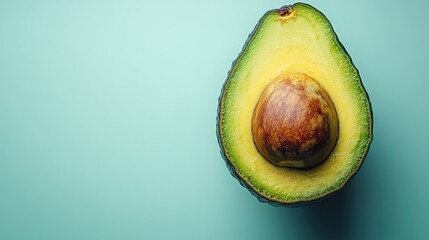 Minimalist aesthetic featuring a ripe avocado cut in half against a clean background