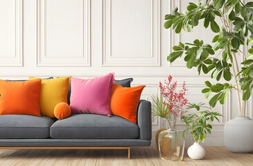 Naklejka premium A living room interior scene with colorful velvet pillows and plants.