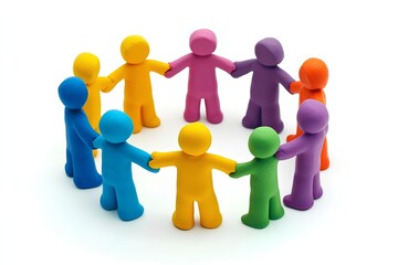 Colorful Plasticine People Holding Hands in Unity Circle on White Background