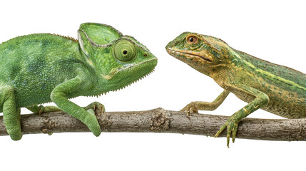 Fototapeta premium Chameleon resting alone on white background with vivid reptile features and green tropical details