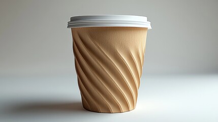 Minimalist presentation of a disposable brown coffee cup with a white lid design