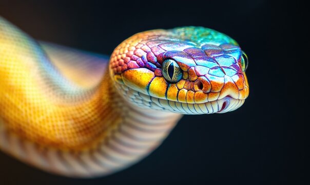A colorful snake with a yellow head and orange body