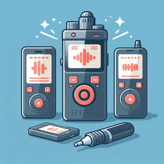 Audio recorders and a microphone are on a blue surface rendered in a cartoon style