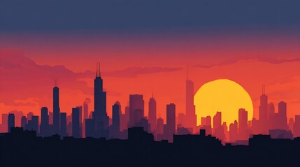 Fototapeta premium Silhouette cityscape at vibrant sunset