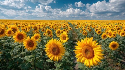 Obraz premium A Stunning Panorama of a Sunflowers Field Under a Summer Sky