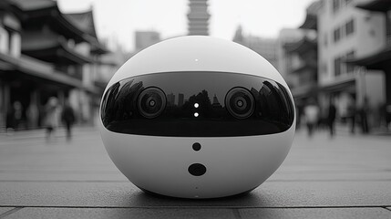 Monochromatic futuristic spherical robot showcases advanced technology in urban scenery