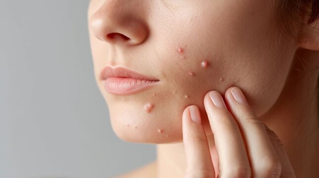 Close-up of woman touching acne and pimples on cheek in skincare problem concept