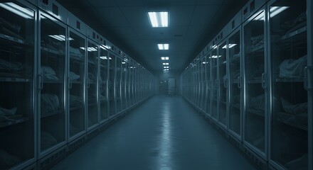 A look down the aisle of fridges of a dimly lit ward in a mortuary with an empty gurney in the distance