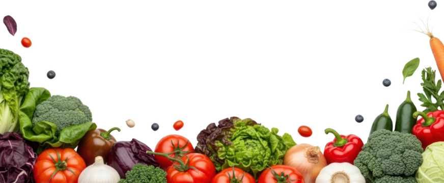 Assorted fresh vegetables and berries arranged along the bottom edge isolate