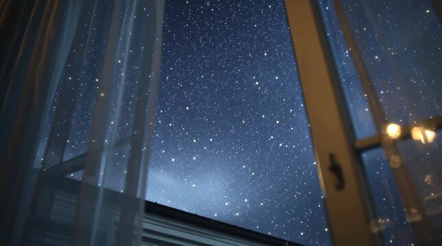 Starry night sky view through open window with sheer curtains and glowing starlight